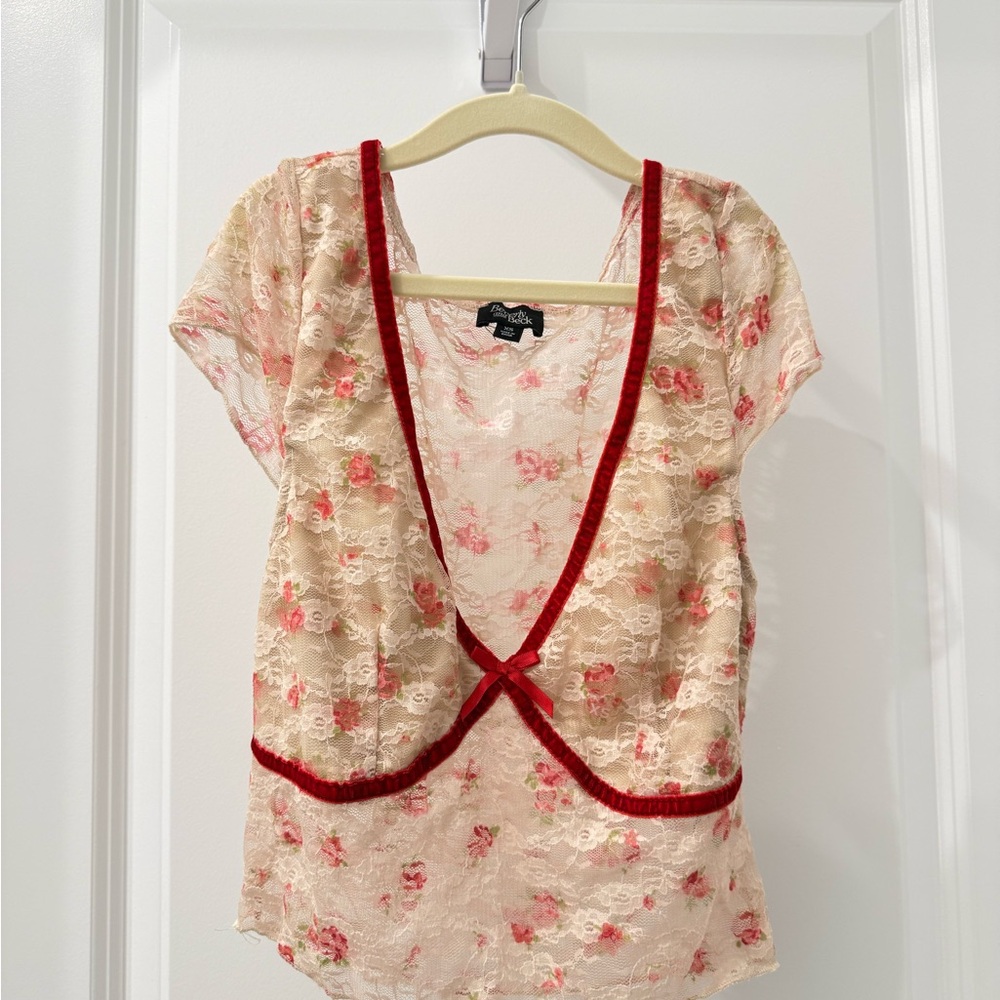 Free People Cream Pink Tie Front Blouse